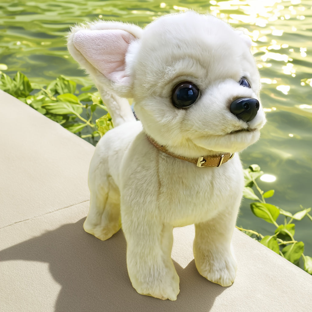 Jouet en peluche Chihuahua beige de 10 pouces avec col dor¨¦ - Chien en peluche en polyester adorable pour la maison, le bureau ou comme cadeau d¨¦coratif, parfait pour Paques et No?l, article cadeau festif | Design de chien joueur | Texture douce