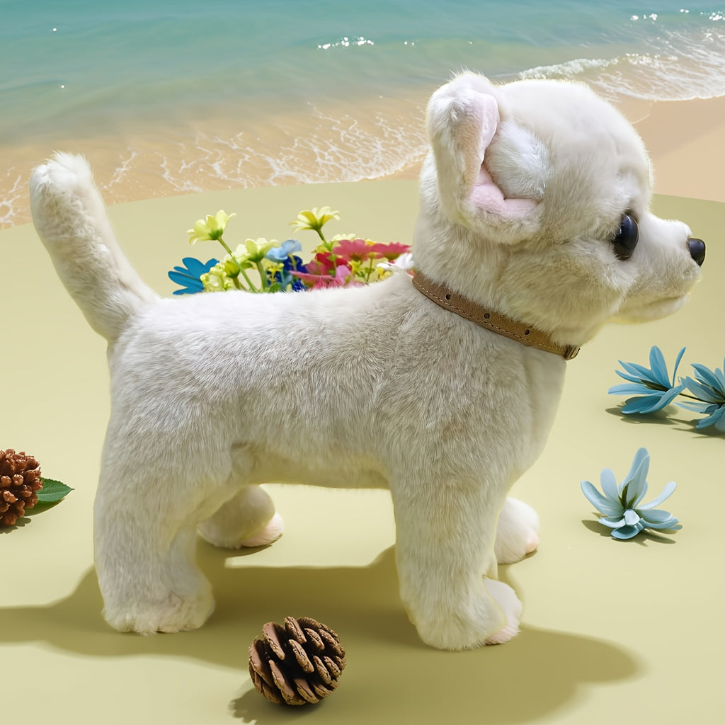 Jouet en peluche Chihuahua beige de 10 pouces avec col dor¨¦ - Chien en peluche en polyester adorable pour la maison, le bureau ou comme cadeau d¨¦coratif, parfait pour Paques et No?l, article cadeau festif | Design de chien joueur | Texture douce