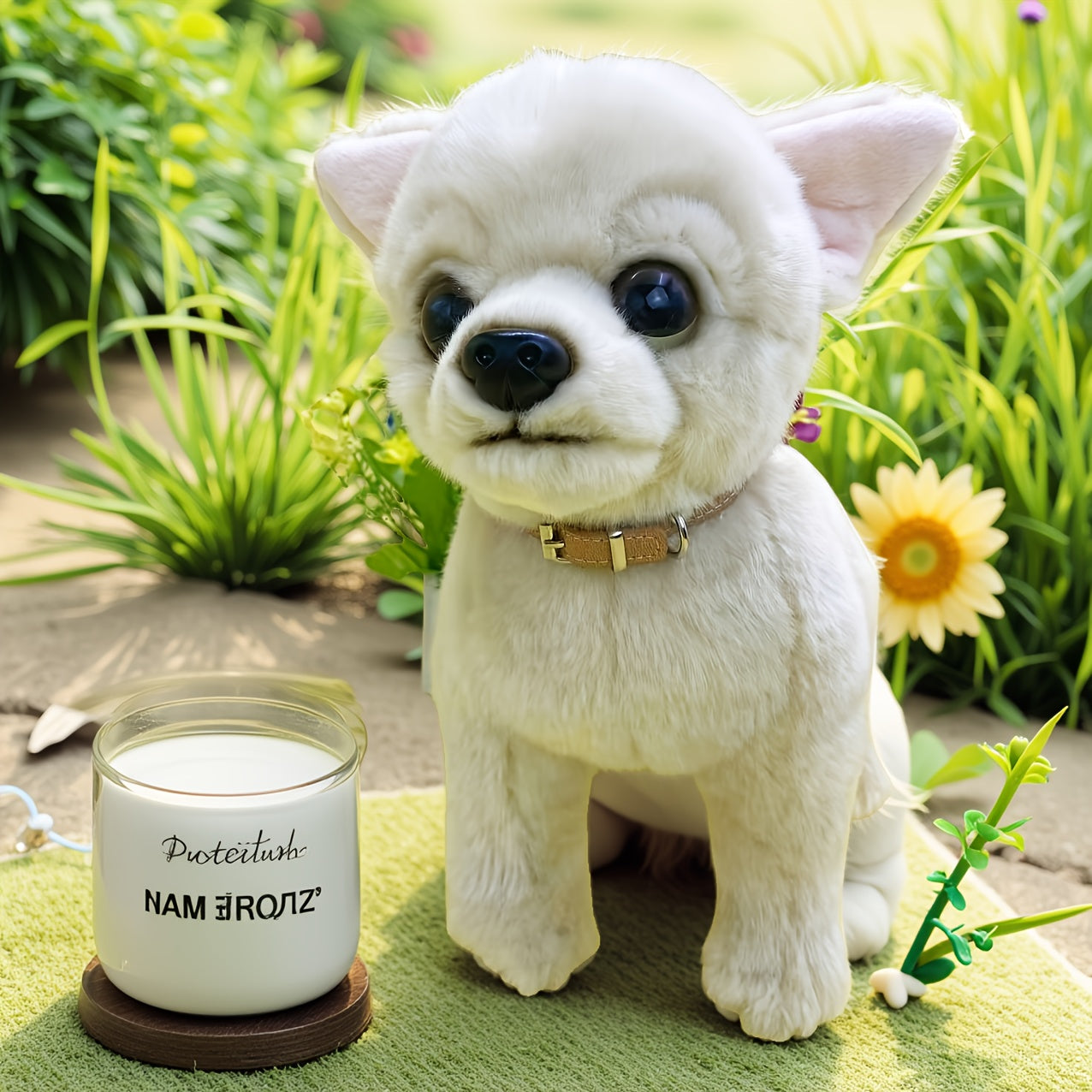 Jouet en peluche Chihuahua beige de 10 pouces avec col dor¨¦ - Chien en peluche en polyester adorable pour la maison, le bureau ou comme cadeau d¨¦coratif, parfait pour Paques et No?l, article cadeau festif | Design de chien joueur | Texture douce