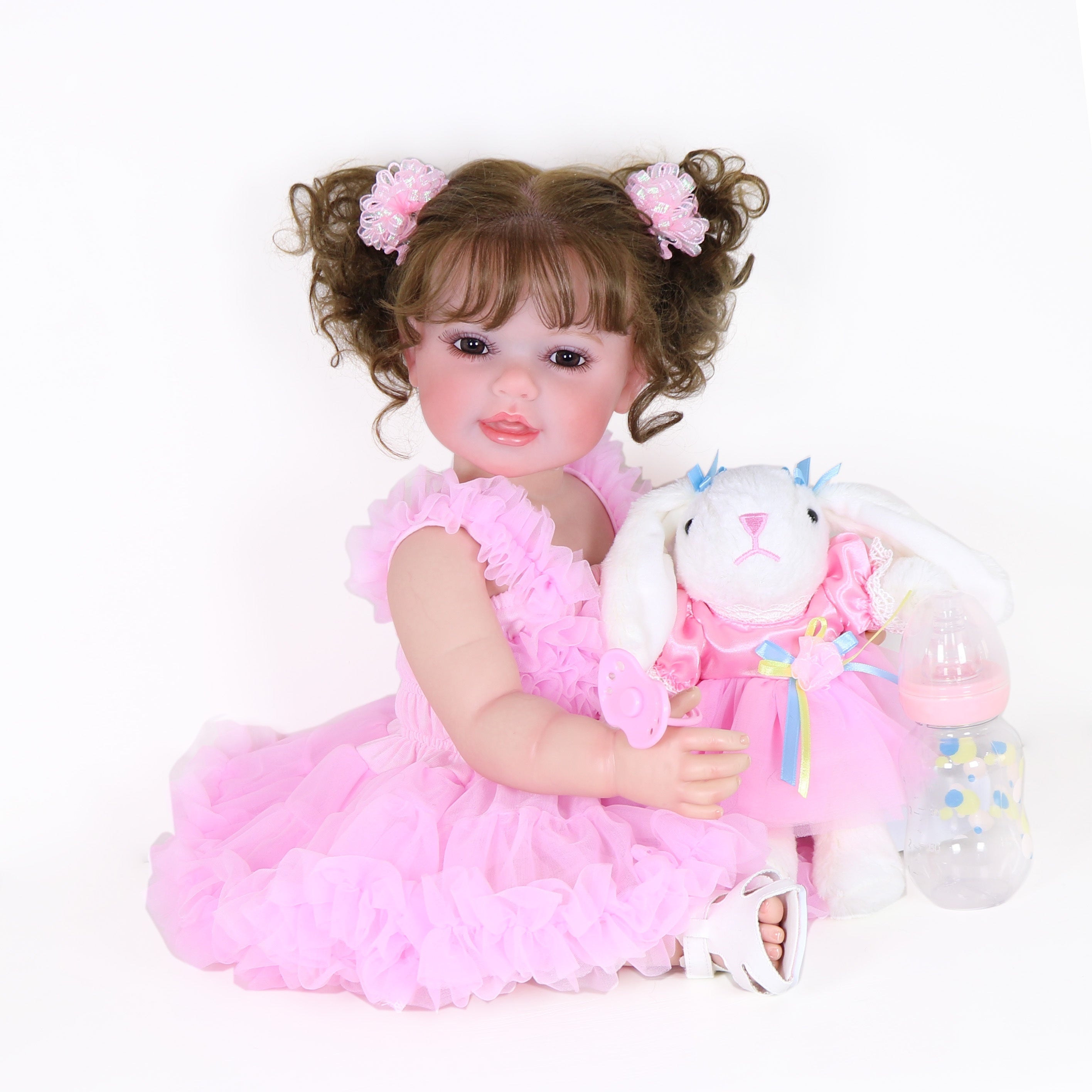 Poup¨¦e Reborn de 22 pouces - Mouvement joyeux avec un visage peint 3D, un corps en vinyle souple et des cheveux racin¨¦s, accompagn¨¦ d'un petit lapin en peluche, parfait pour des cadeaux de No?l, d'Halloween ou de Thanksgiving.