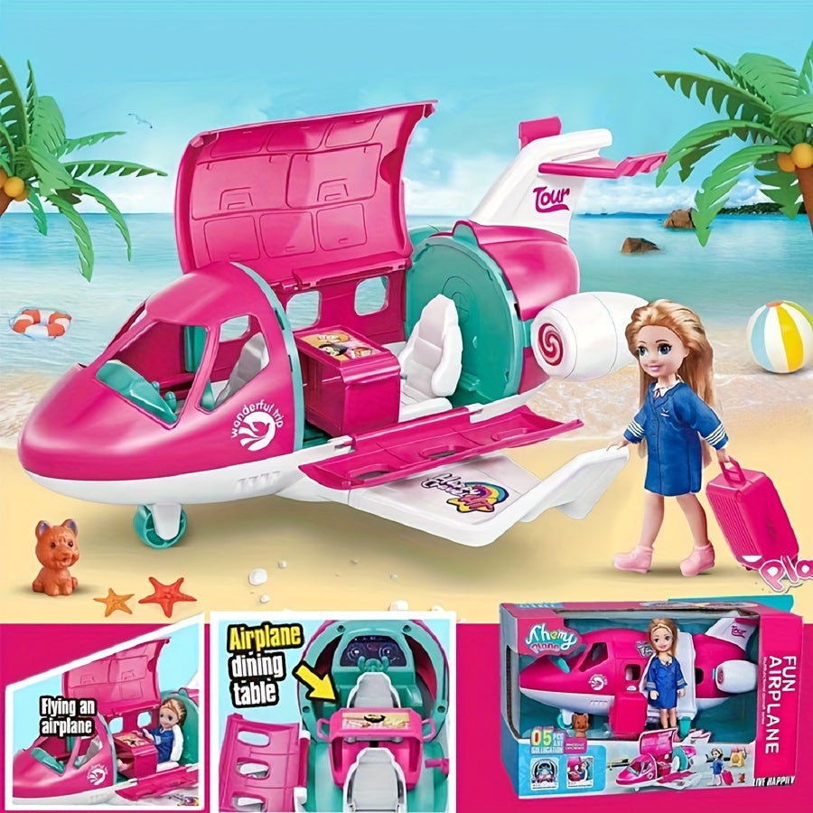 1 ensemble d'accessoires pour avion de poup¨¦e de mode, v¨¦hicule de r¨ºve, voyage de poup¨¦e princesse, couleur rose, ensemble de jeu, comprenant une valise de voyage et des jouets pour animaux de compagnie (sans ¨¦lectricit¨¦) halloween, cadeau de no?l