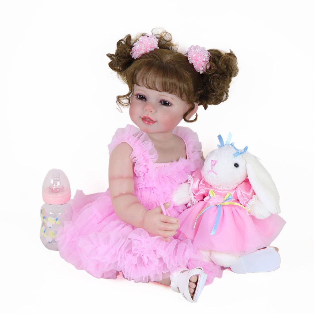 Poup¨¦e Reborn de 22 pouces - Mouvement joyeux avec un visage peint 3D, un corps en vinyle souple et des cheveux racin¨¦s, accompagn¨¦ d'un petit lapin en peluche, parfait pour des cadeaux de No?l, d'Halloween ou de Thanksgiving.