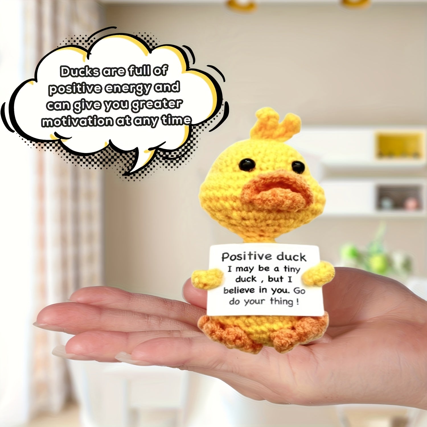 Jouet Canard Crochet Joyeux avec Carte Inspirante - Poup¨¦e en Laine Tricot¨¦e ¨¤ la Mode Mignonne pour ¨¦motions Positives, Parfaite pour Cadeaux de No?l et d'Anniversaire, D¨¦corations de F¨ºte