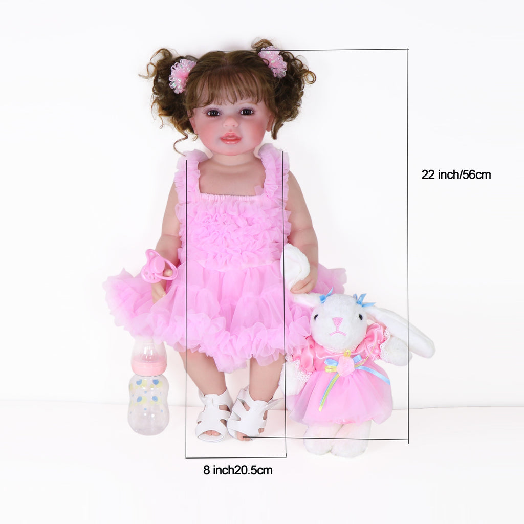 Poup¨¦e Reborn de 22 pouces - Mouvement joyeux avec un visage peint 3D, un corps en vinyle souple et des cheveux racin¨¦s, accompagn¨¦ d'un petit lapin en peluche, parfait pour des cadeaux de No?l, d'Halloween ou de Thanksgiving.