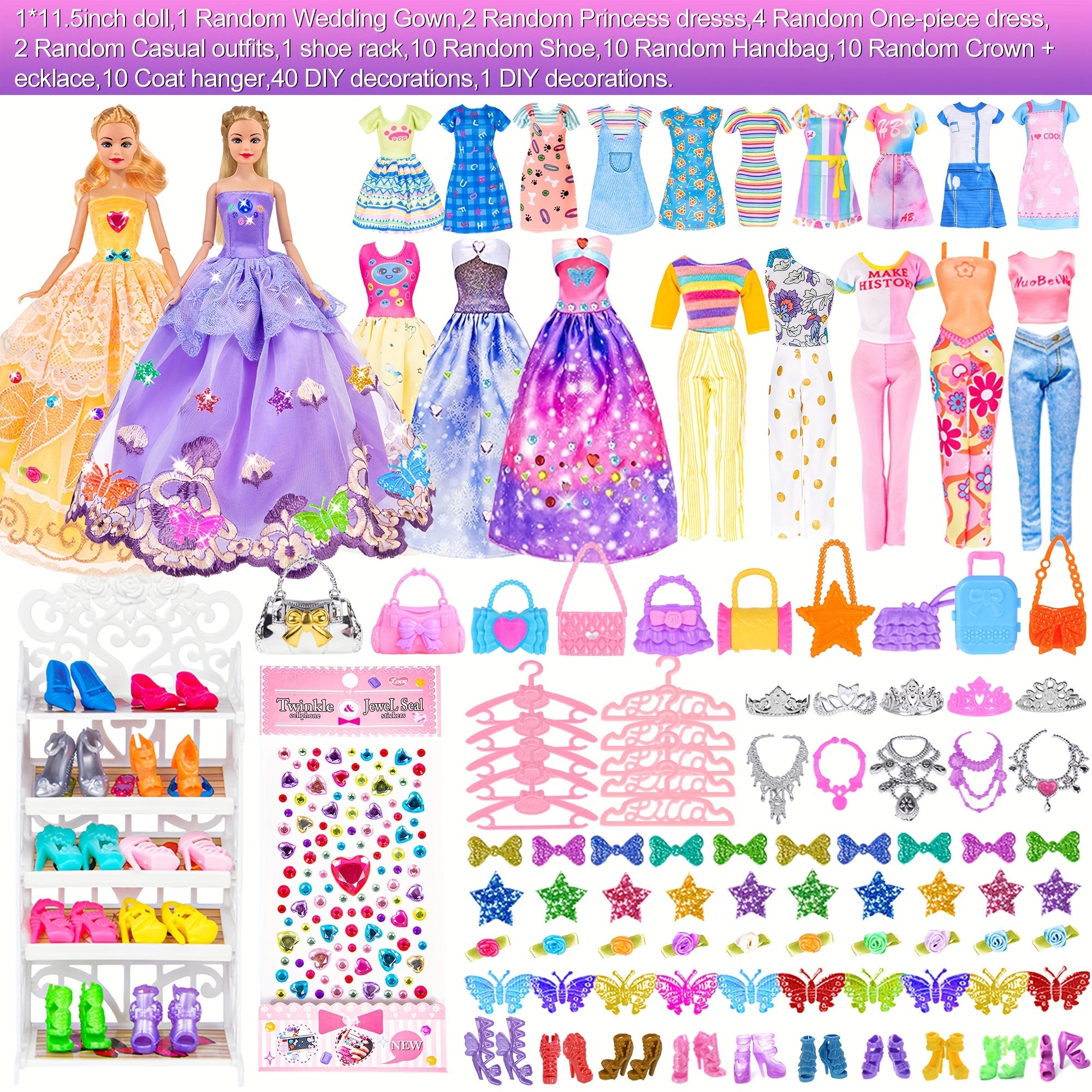91 pi¨¨ces de mode pour poup¨¦e de 11.5 pouces avec accessoires et placard, robes de princesse, robes ¨¤ la mode, tenues, maillots de bain, chaussures, cintres, jouets d'habillage de poup¨¦e pour filles enfants tout-petits cadeaux de jouets