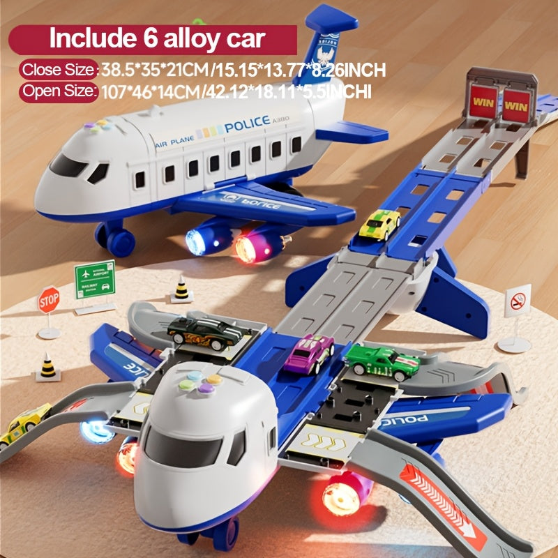 Grand Ensemble de Jouets Avion avec un Avion de 42 Pouces et 6 V¨¦hicules ainsi que 4 Pistes, ¨¦quip¨¦ de Lumi¨¨res et Sons, Id¨¦al comme Cadeau pour No?l, Nouvel An ou Anniversaire pour Gar?ons et Filles