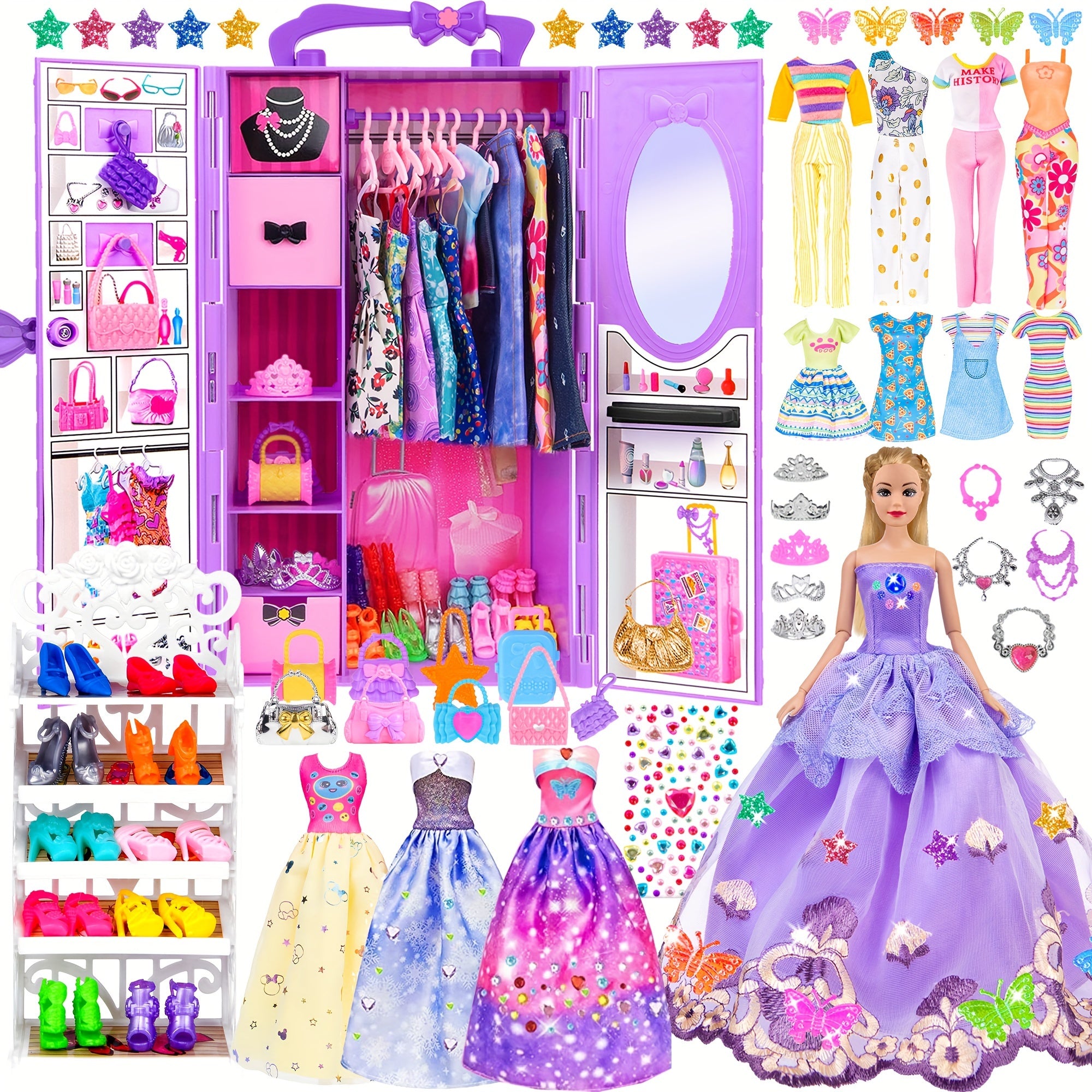 91 pi¨¨ces de mode pour poup¨¦e de 11.5 pouces avec accessoires et placard, robes de princesse, robes ¨¤ la mode, tenues, maillots de bain, chaussures, cintres, jouets d'habillage de poup¨¦e pour filles enfants tout-petits cadeaux de jouets